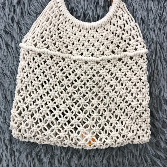 Crossi Purse Beige Boho Wood Double Handle Macrame Hand Bag - Picture 3 of 7